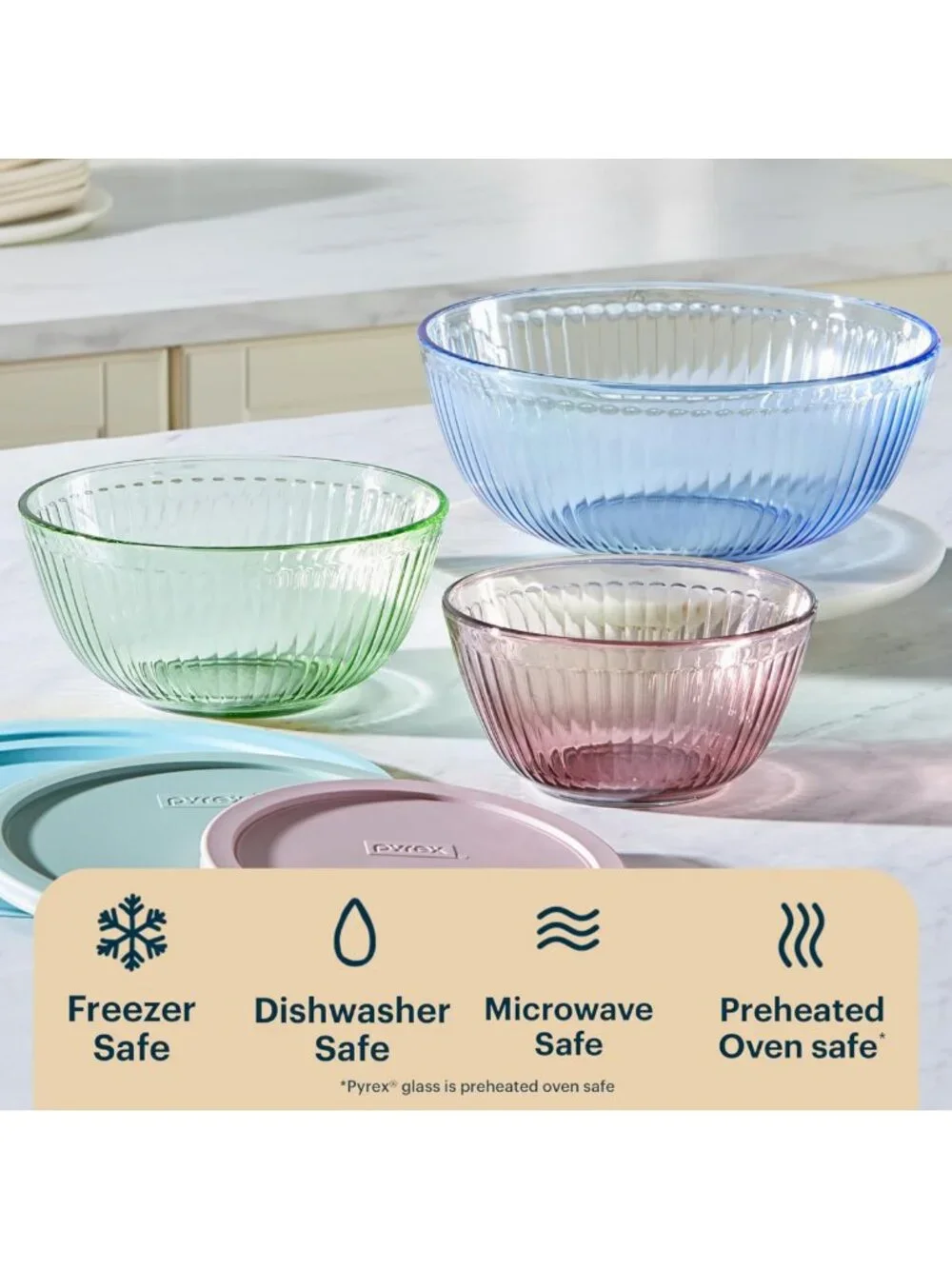 Colorful Sculpted Tinted Glass Mixing Bowls Set with Lids - 3-Pack Kitchen